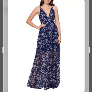 XSCAPE 3D-Floral Embroidered Fit & Flare Gown in Navy/Blush